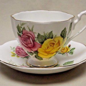Queen Anne Fine Bone China England Yellow and Pink Roses Tea Cup and Saucer